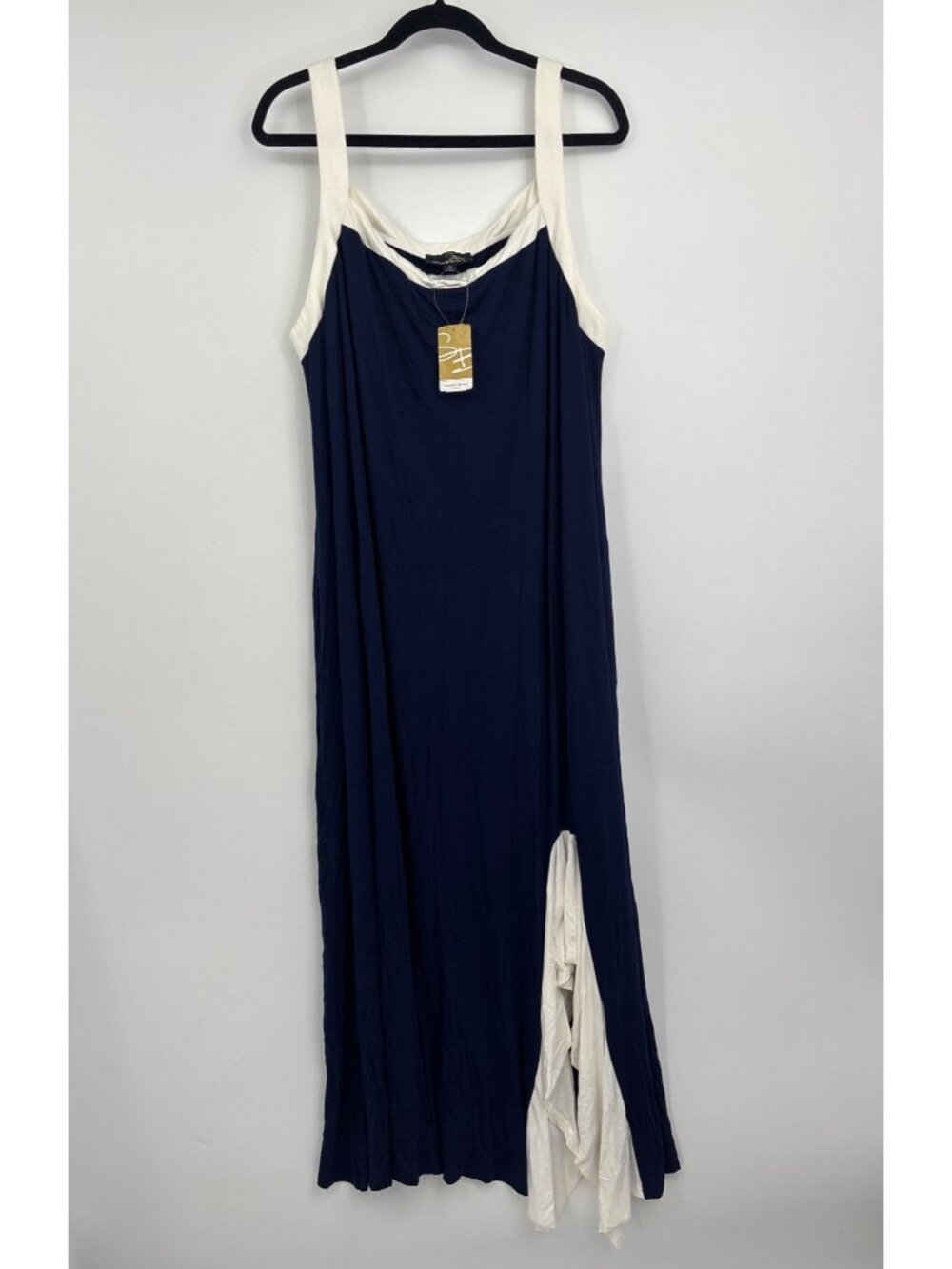 Suzanne Betro Maxi Jersey Dress Sleeveless Front Slit Navy White Size 3X NEW